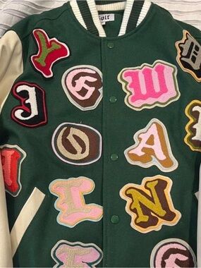 WOLF Green Varsity Patchwork Jacket with Cream Sleeves